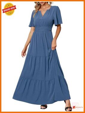 Women's V Neck Flutter Sleeve Tiered Ruffle Maxi Dress Wedding Guest